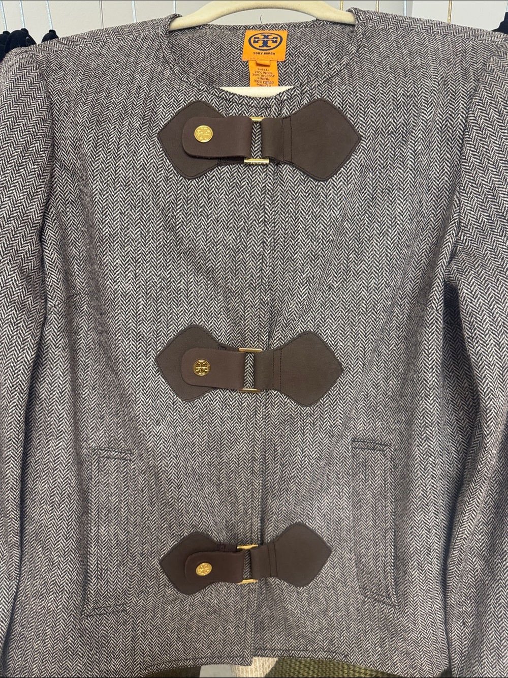 Tory Burch Gray Herringbone Toggle Coat with Brown Leather Accents